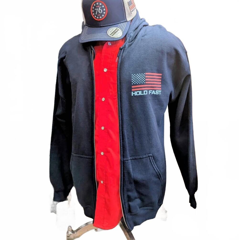NEW KERUSSO men's hold fast land of the free hooded sweatshirt in navy